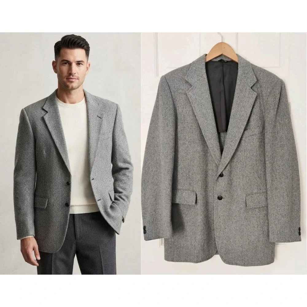 VTG John Blair Herringbone Blazer Mens 40 Gray Two Button Wool Blend Sport Coat